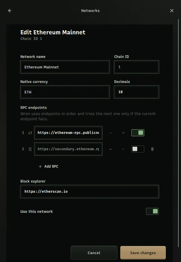 The Wren network editor shows the chain ID, RPC endpoint statuses and order controls, and the Use this network toggle.