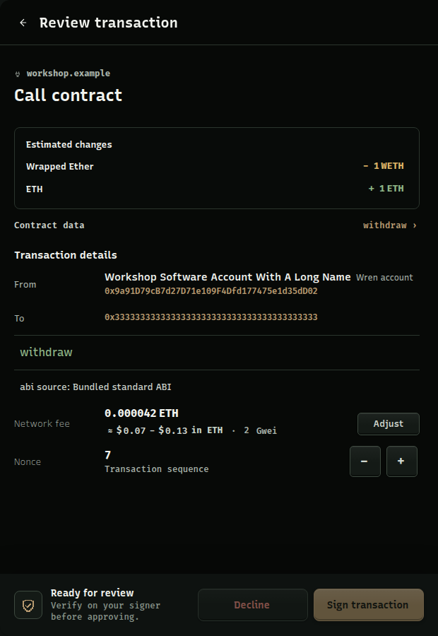 Wren reviewing a contract call with estimated WETH and ETH changes, contract data, fees, and nonce controls.